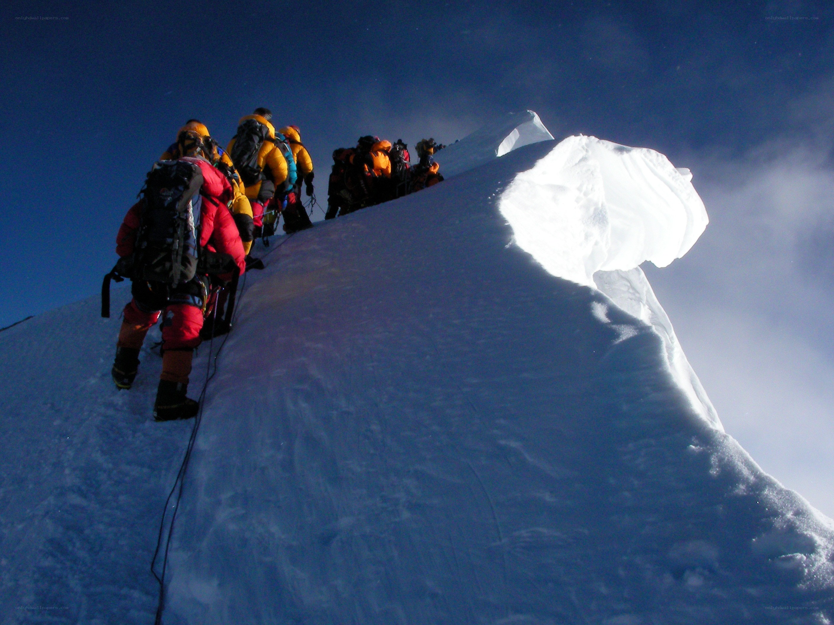 Climbers on a snowy peak