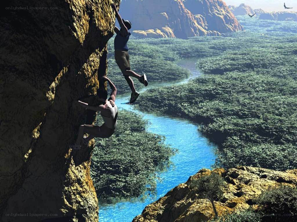 Climbers on a steep cliff