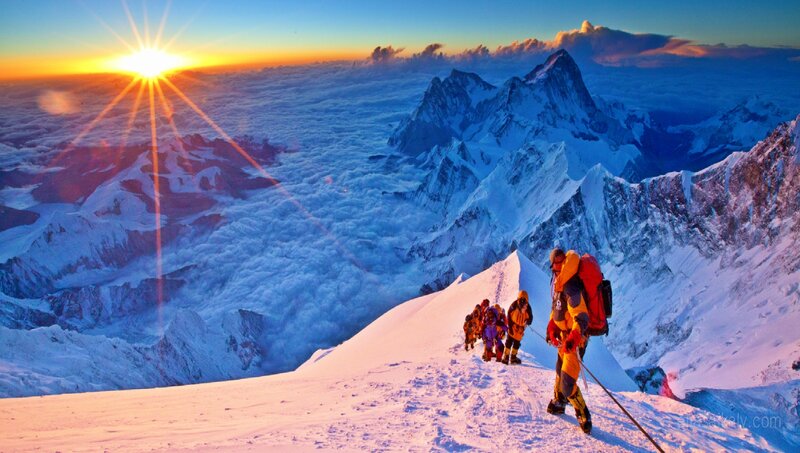 Climbers on Mountain Peak — Blue, Dramatic