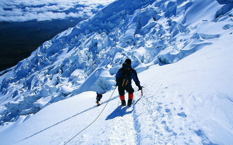 Climbers on Snowy Mountain — White, Dramatic, Afternoon, Photograph, Snow, Clouds