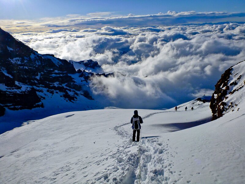 Climbers on Snowy Mountain — White, Dramatic, Afternoon, Photograph