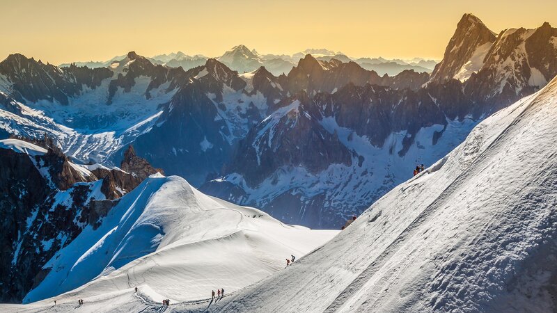Climbers on Snowy Mountain — White, Dramatic, Sunset, Photograph