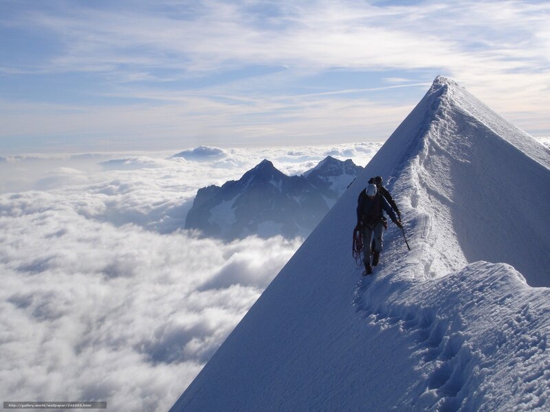 Climbers on Snowy Ridge — White, Dramatic, Afternoon, Photograph, Mountain, Clouds, Helmet, Ropes