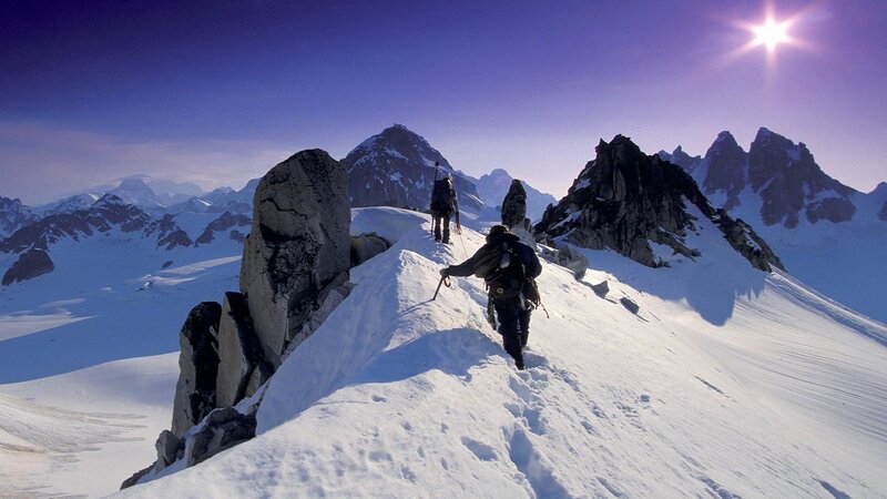 Climbers on Snowy Ridge — White, Dramatic
