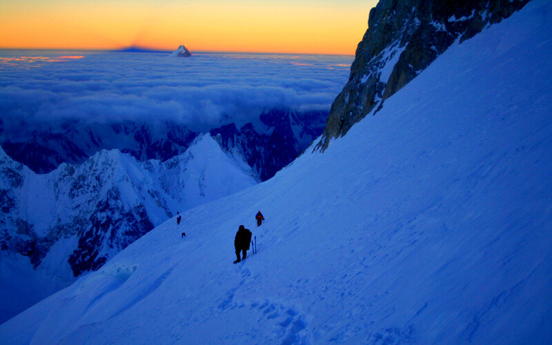 Climbers on Snowy Slope — Blue, Dramatic