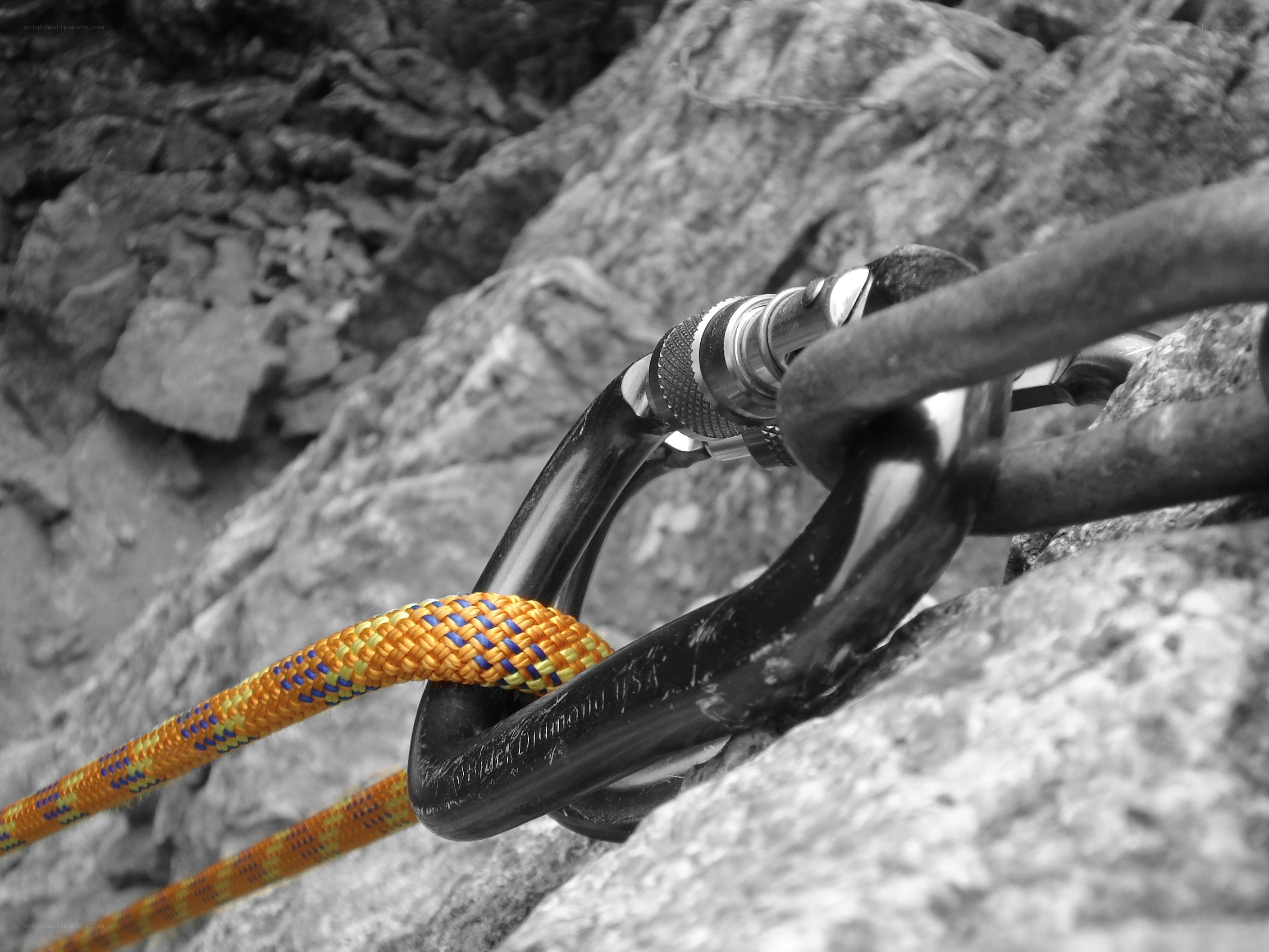 Climbing gear on a rock face