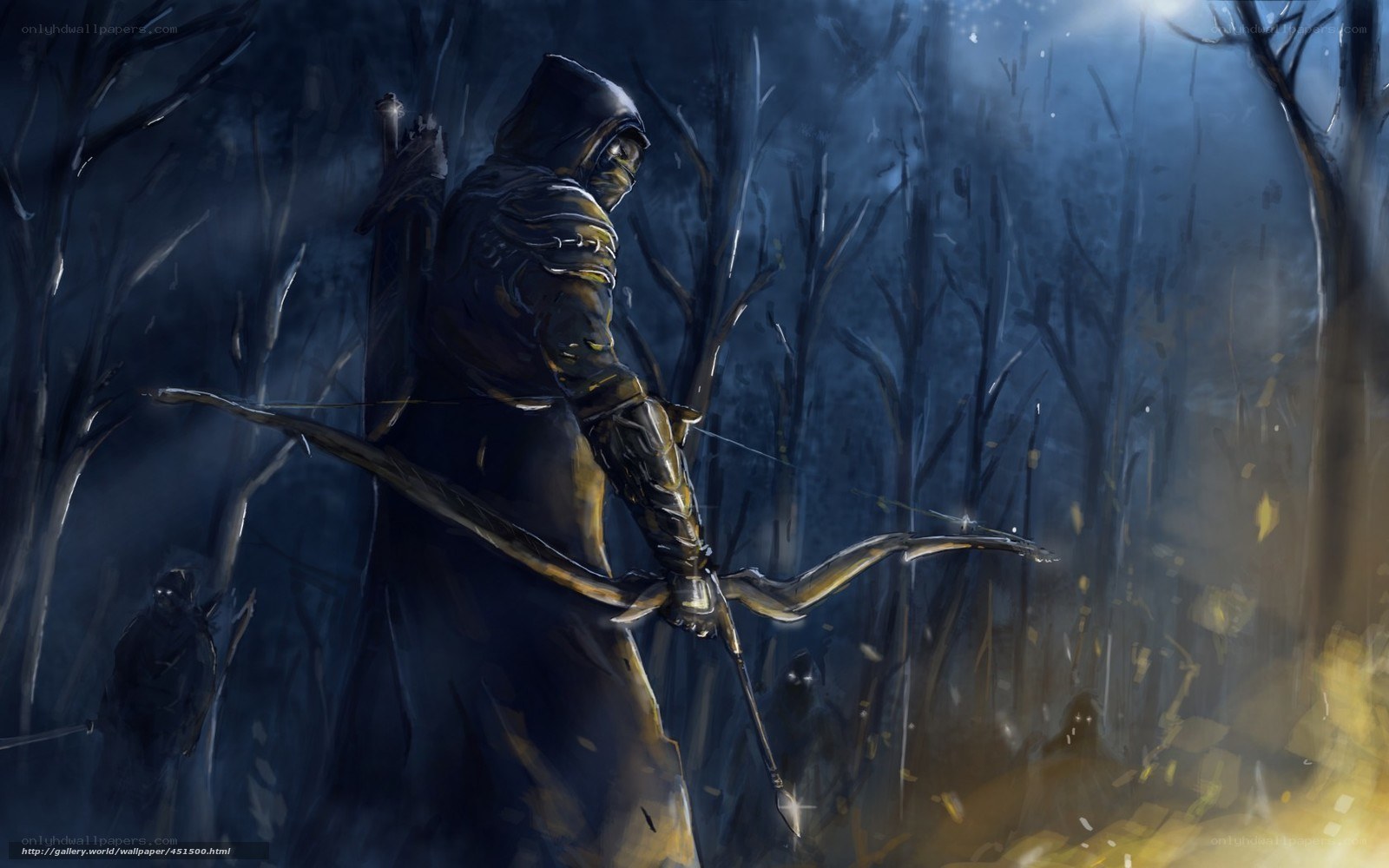 Cloaked archer in dark forest