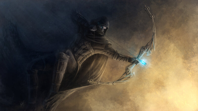 Cloaked archer with glowing arrow