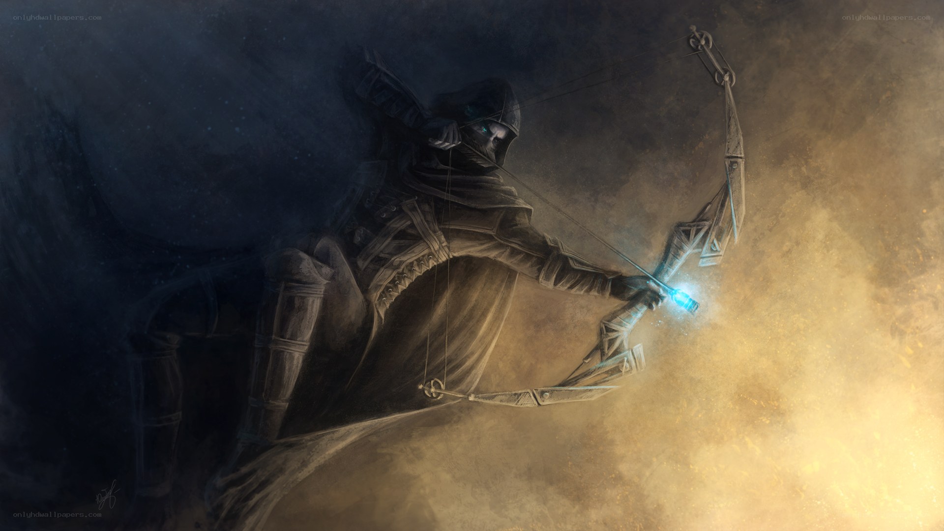 Cloaked archer with glowing arrow