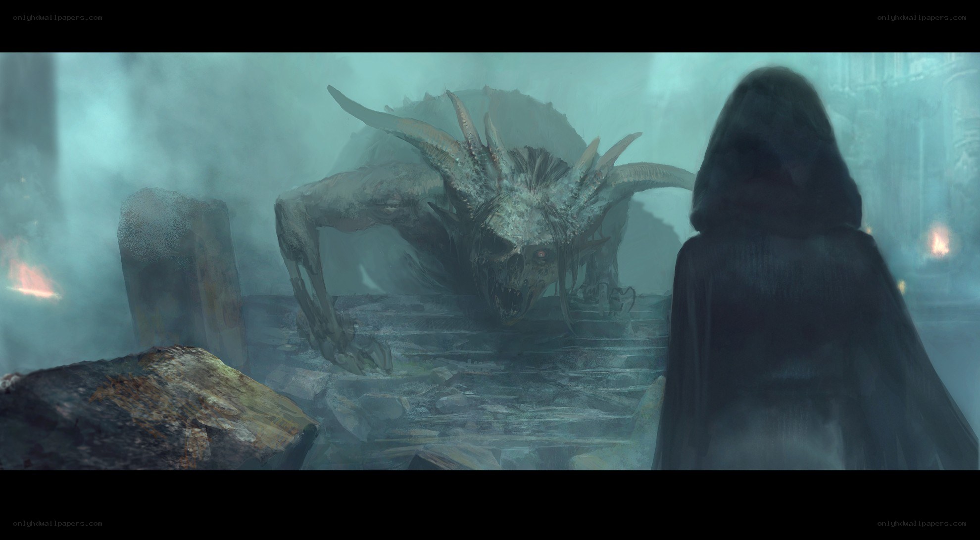 Cloaked figure faces monster