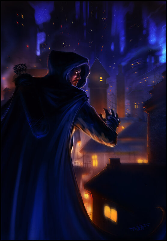 Cloaked figure in a city