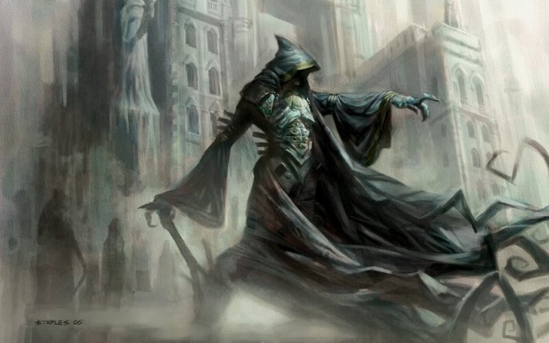 Cloaked figure in a foggy city