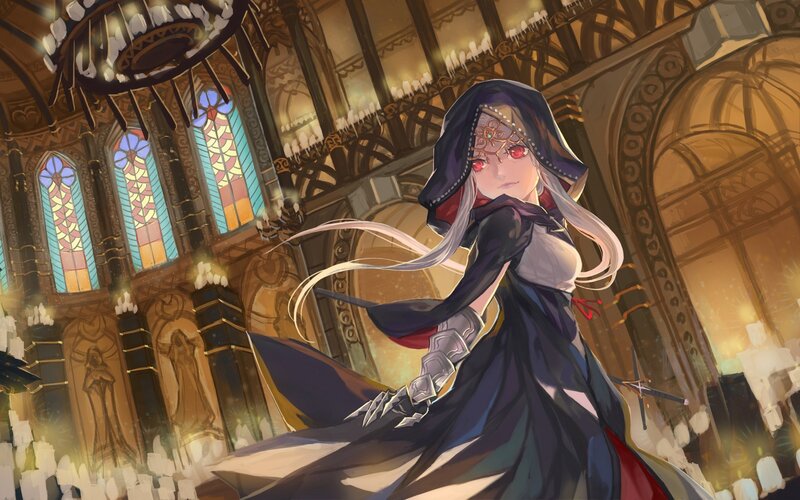 Cloaked figure in a grand hall