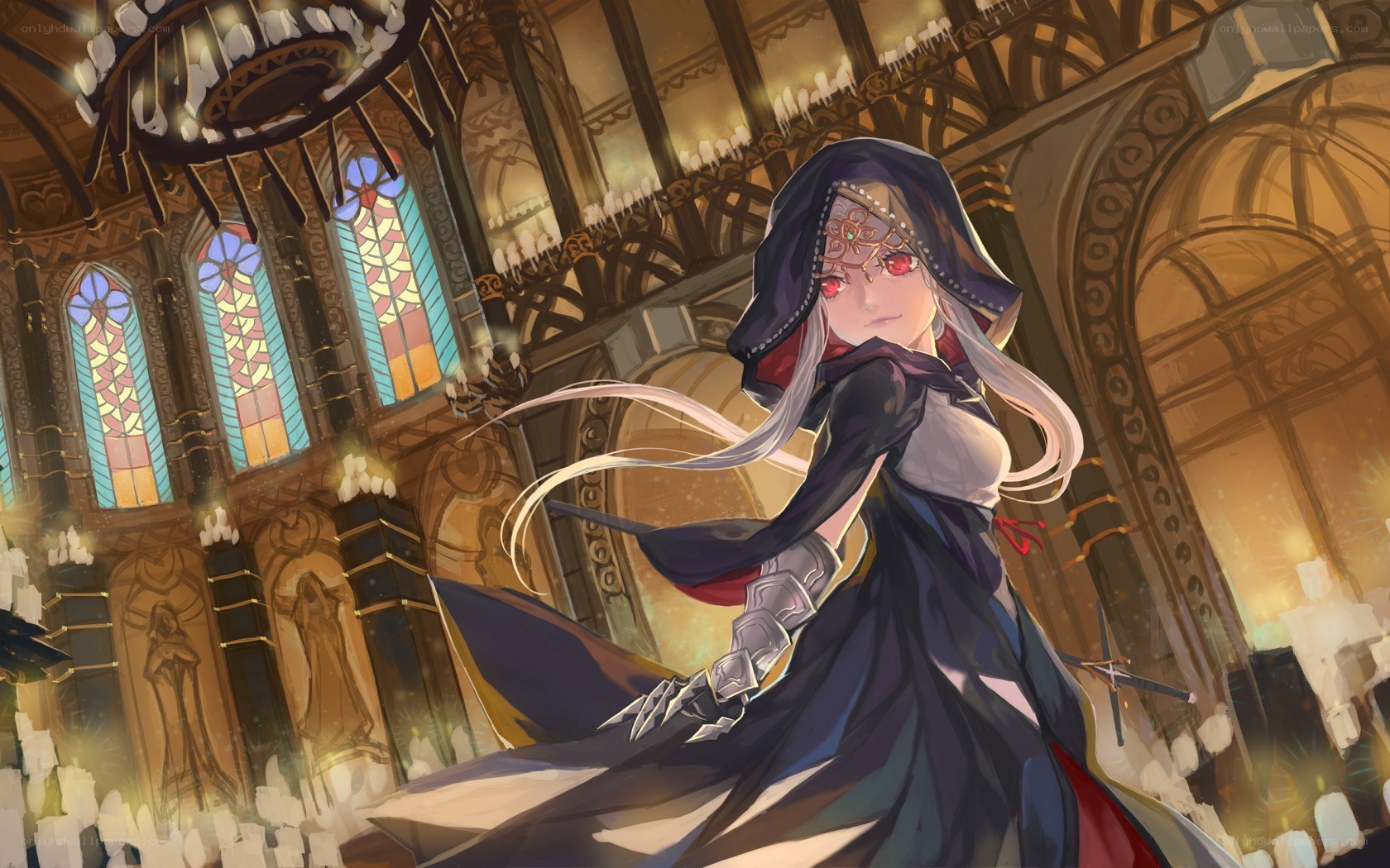Cloaked figure in a grand hall