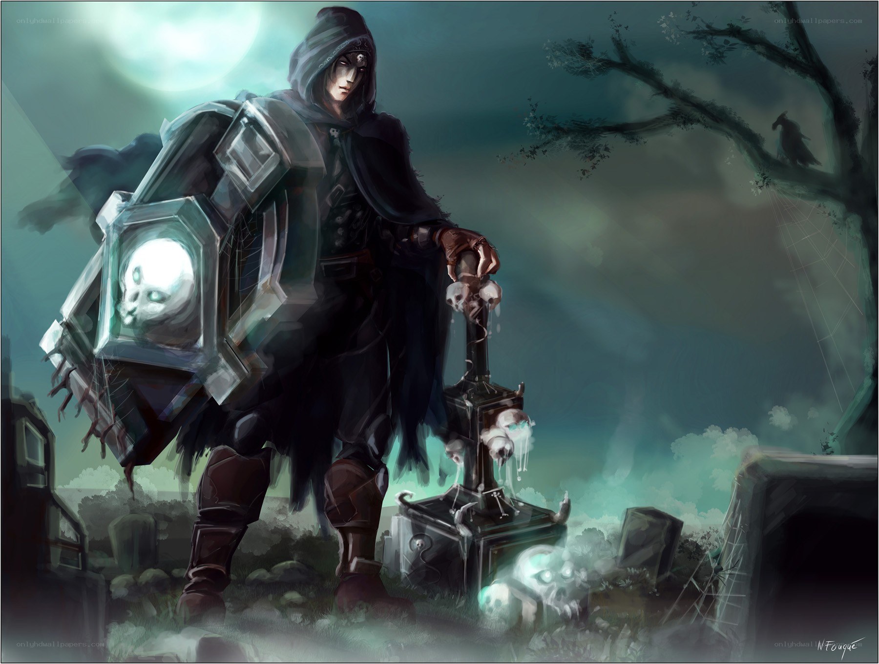 Cloaked figure in a graveyard