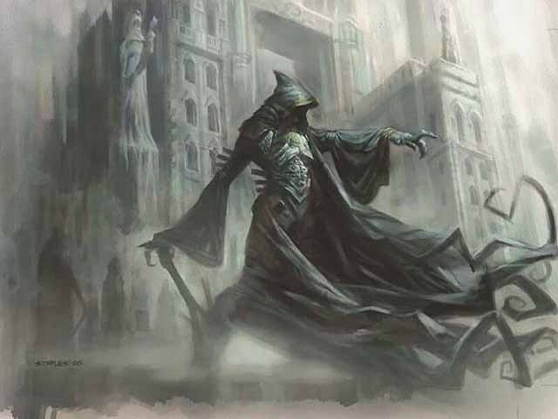 Cloaked figure in a misty city
