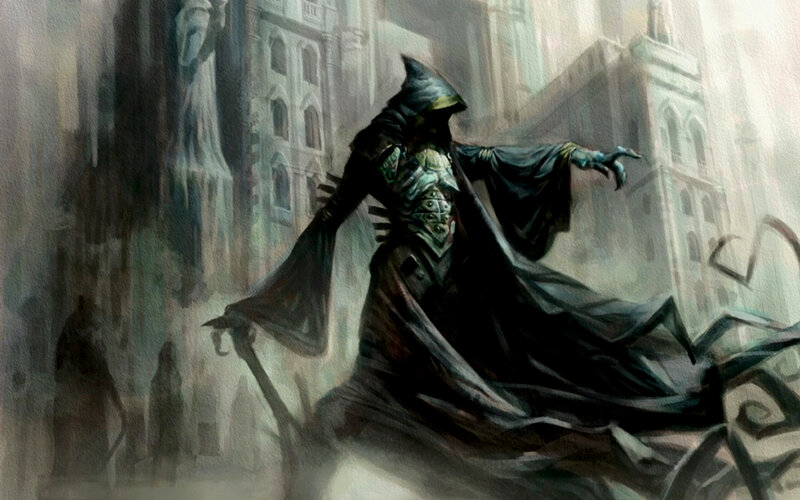 Cloaked figure in a misty city