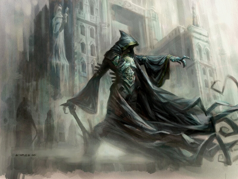 Cloaked figure in a misty city