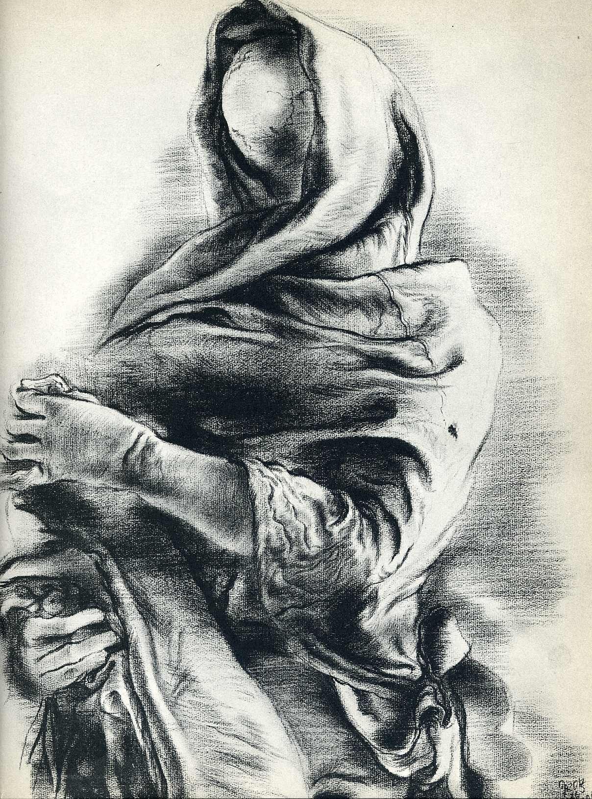 Cloaked figure in charcoal
