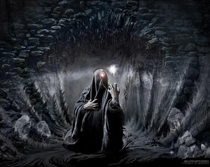 Cloaked figure in dark cave