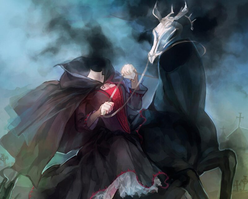 Cloaked figure on a spectral horse
