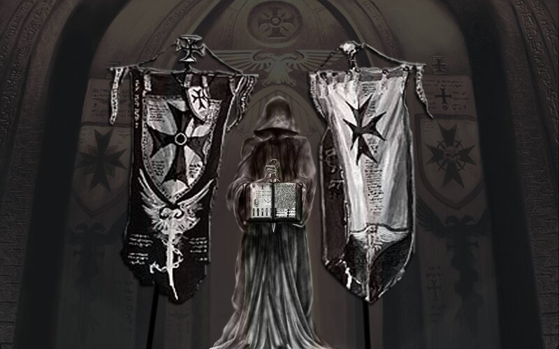 Cloaked figure with banners