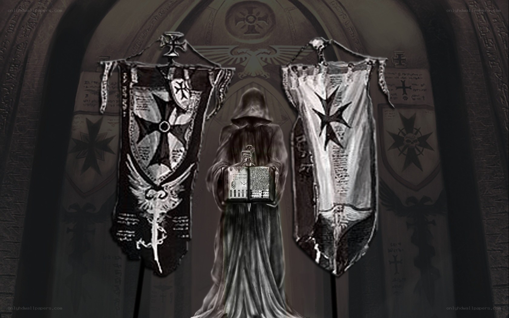 Cloaked figure with banners