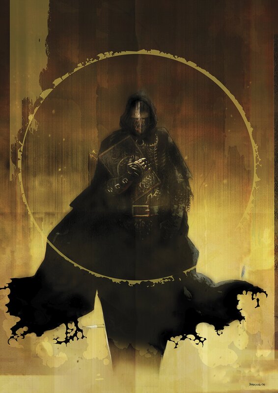 Cloaked figure with book