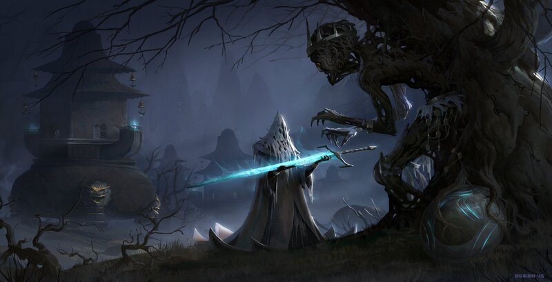 Cloaked Figure with Glowing Sword