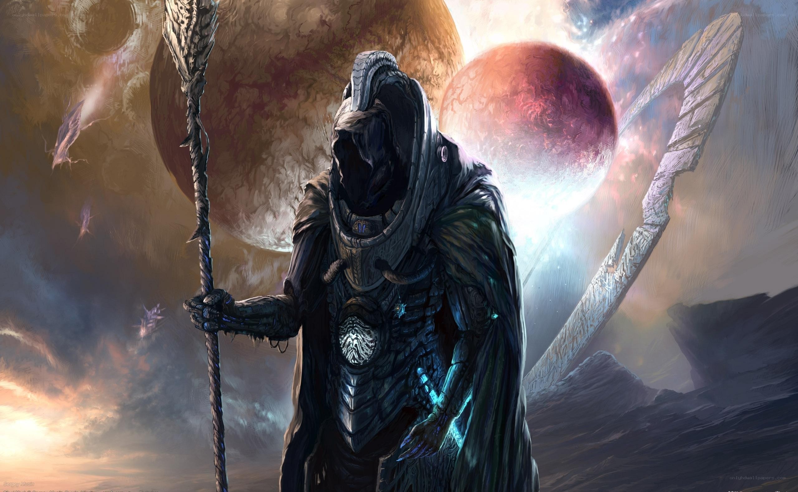 Cloaked figure with staff on alien planet