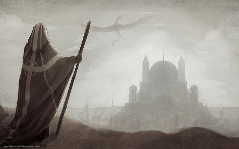 Cloaked figure with staff