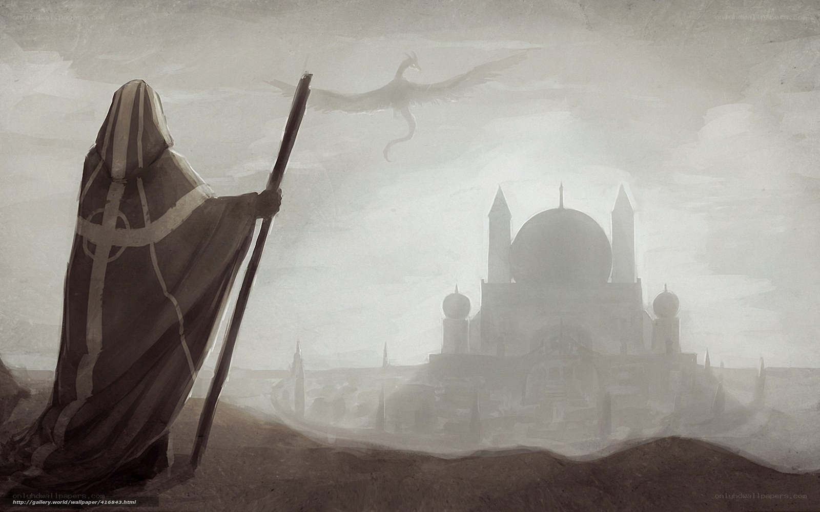 Cloaked figure with staff