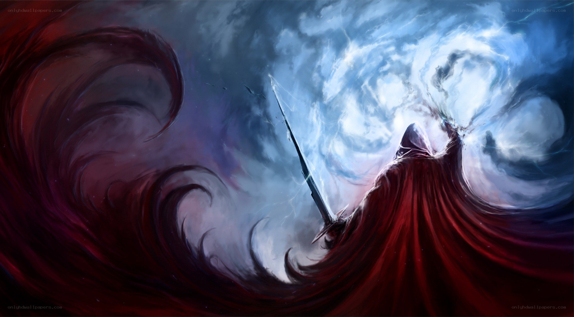 Cloaked figure with sword