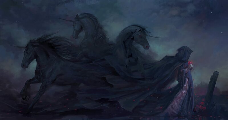 Cloaked Figure with Unicorns — Black