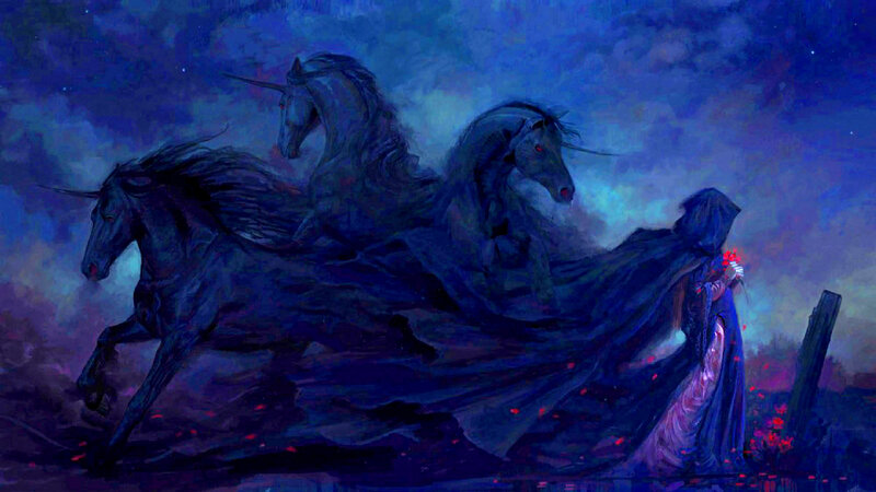 Cloaked Figure with Unicorns — Blue, Dramatic