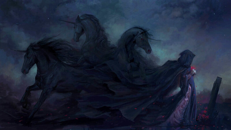 Cloaked Figure with Unicorns