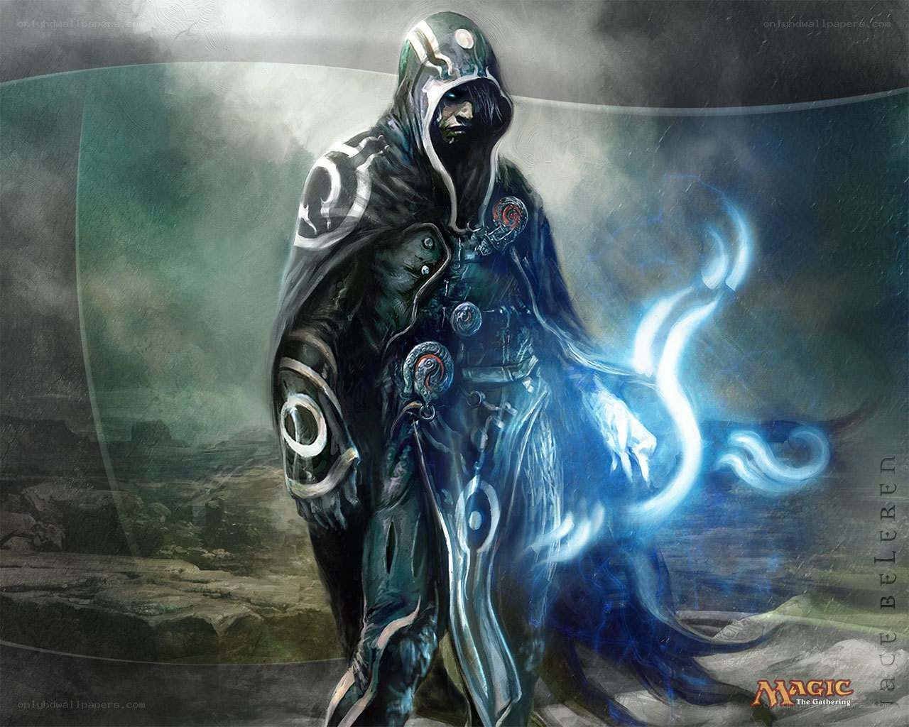 Cloaked mage with blue energy
