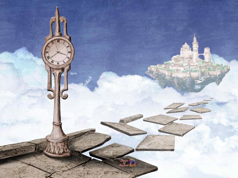 Clock on a path to a floating city