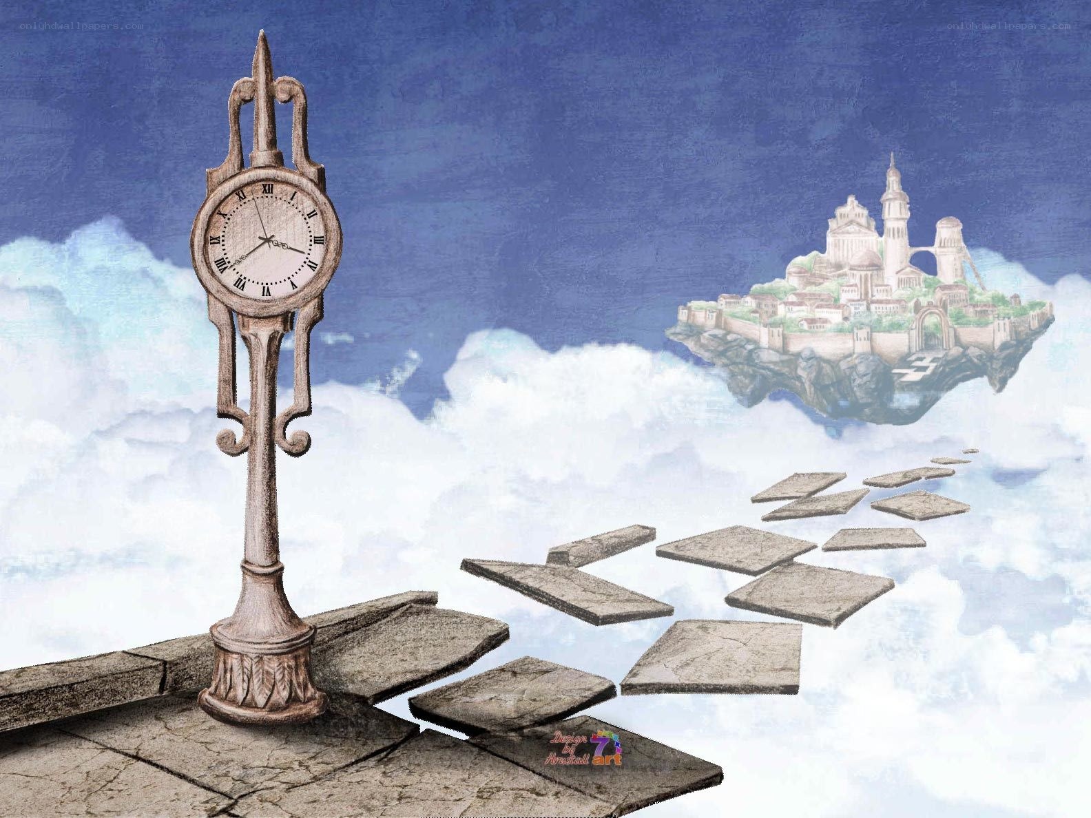 Clock on a path to a floating city