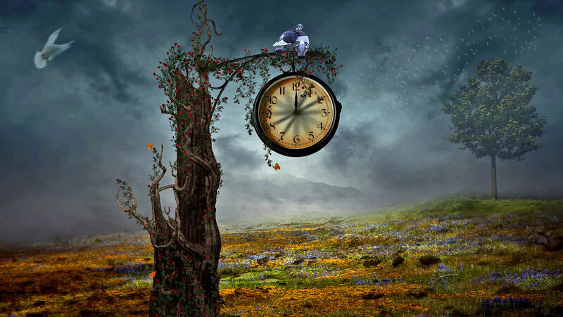 Clock on a Tree — Green, Dramatic, Digital Art