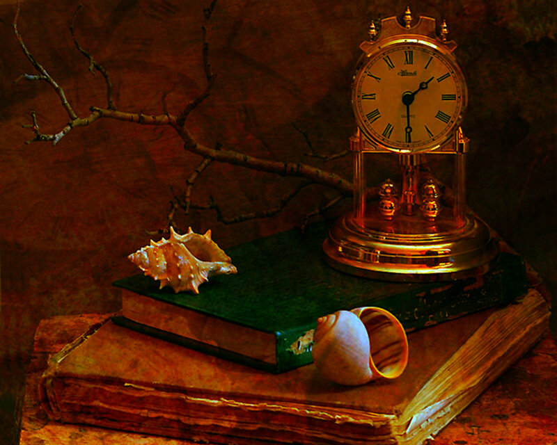 Clock on Books with Shells