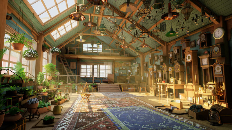 Clock Shop Interior — Brown, Serene, Afternoon