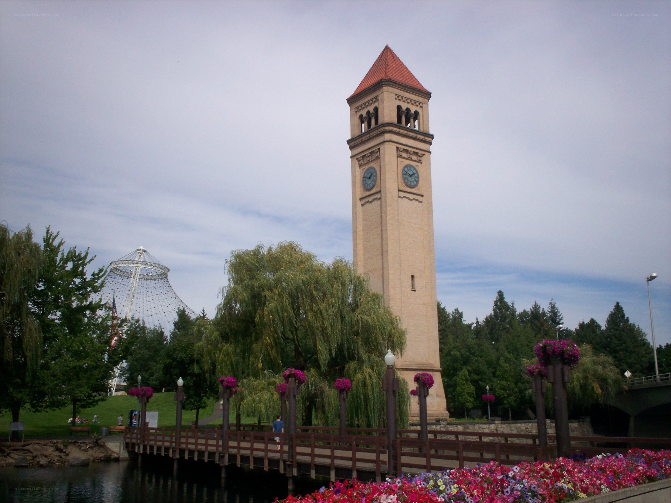 clock tower and flowers in park
