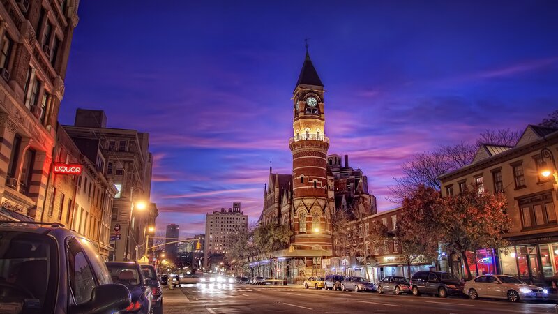 Clock Tower at Dusk — Purple, Dramatic