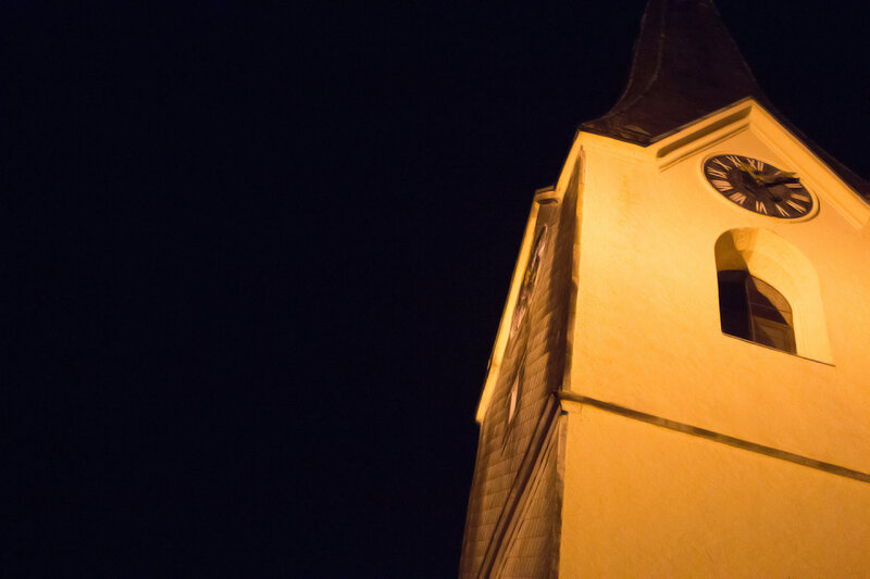 Clock Tower at Night — Yellow, Dramatic
