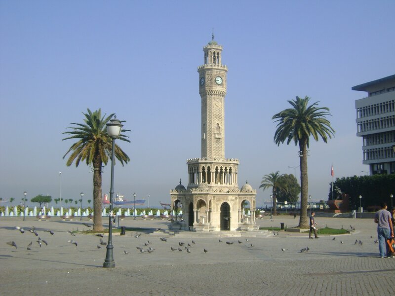 Clock tower in a city square