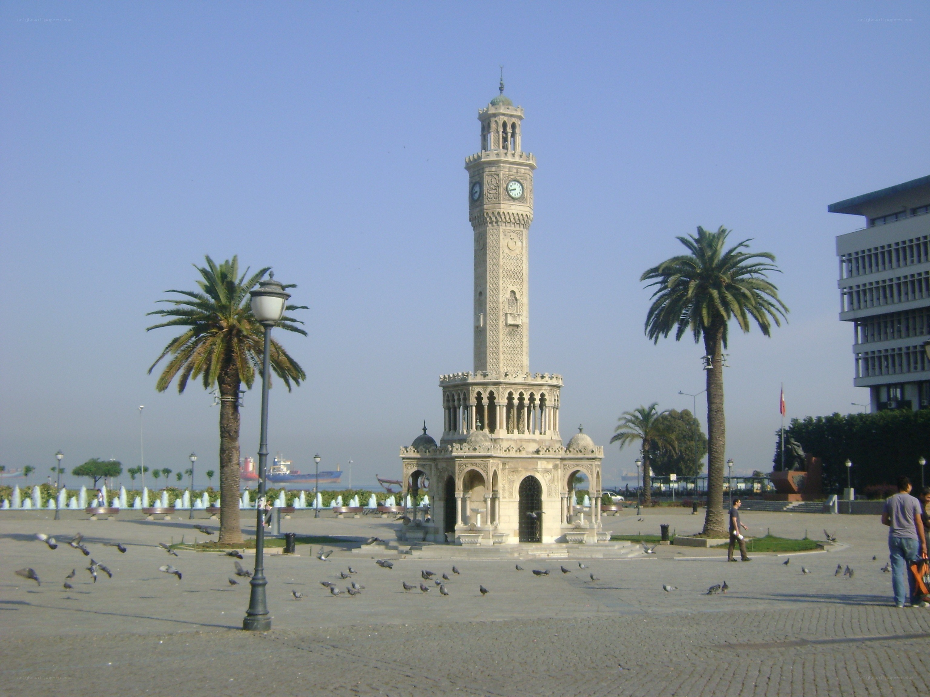 Clock tower in a city square