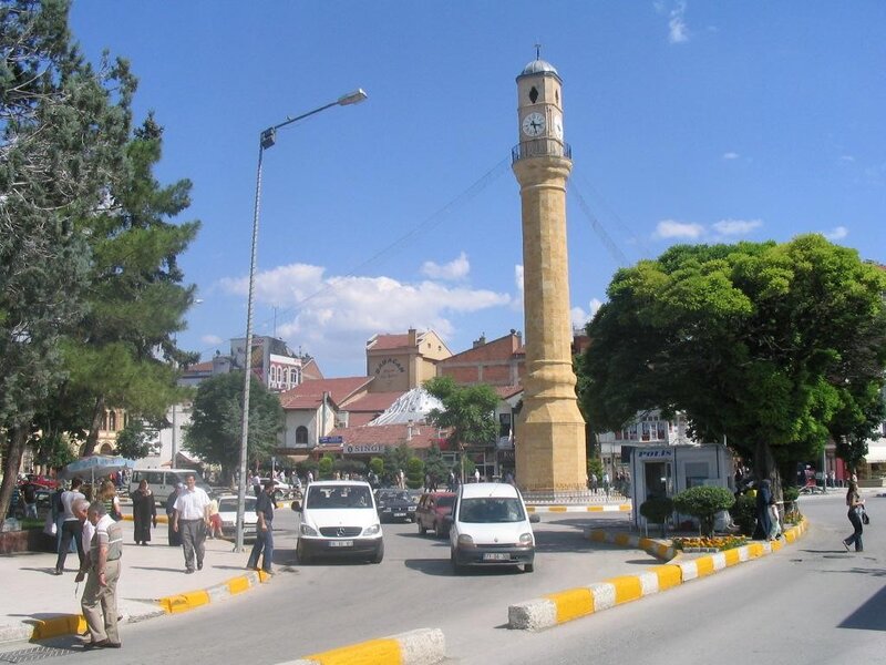 Clock tower in a town square