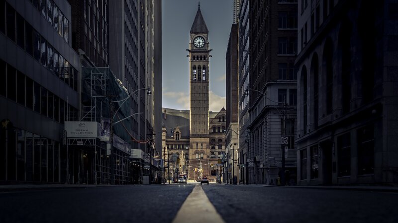 Clock Tower in City — Gray
