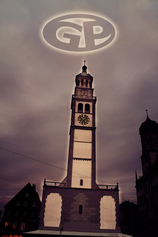 Clock tower with glowing logo